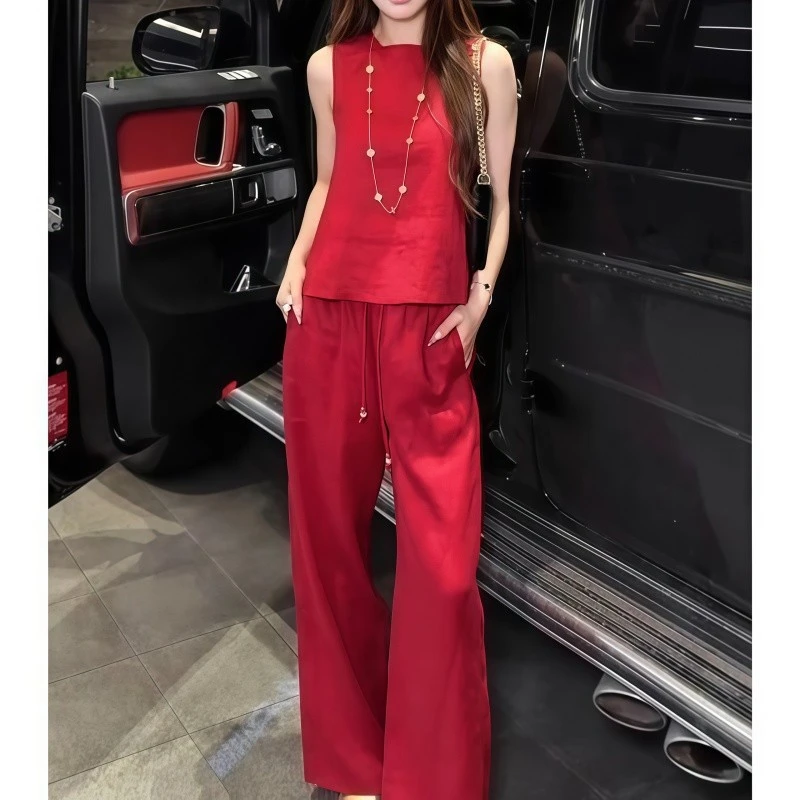 巨好看的两件套夏装女2025新款时尚红色无袖上衣休闲阔腿裤两件套