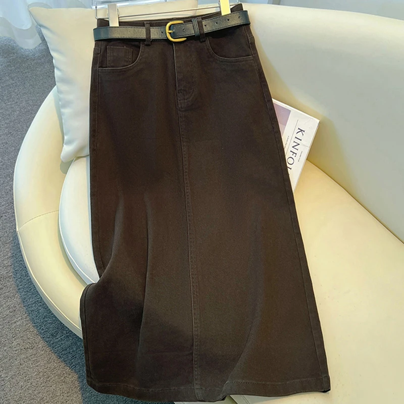 啄木鸟高腰牛仔半身裙女秋冬季咖色a字直筒裙复古开叉包臀裙子