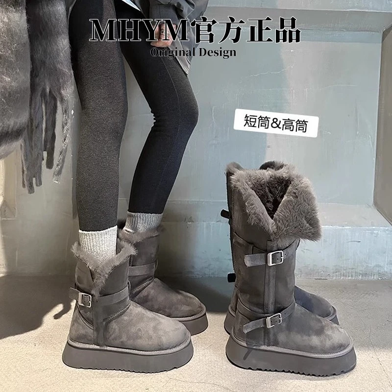 灰色皮毛一体雪地靴女2025冬季新款厚底增高加绒加厚长筒雪地棉鞋
