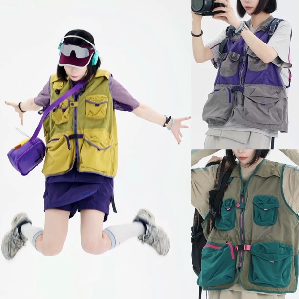 【醒醒专属】AD05夏季山系机能风女款多口袋撞色拼接马甲背心坎肩