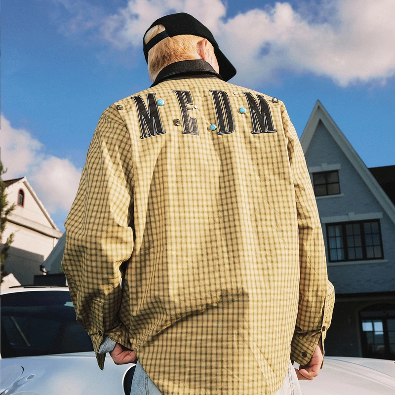 MEDM pu领子格子古铜扣子休闲衬衫早秋格纹复古宽松翻领情侣衬衣