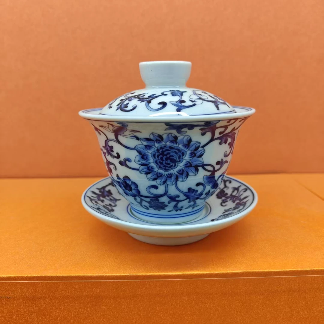 青花釉下彩缠枝莲悬停旋转三才盖碗功夫茶具家用泡茶碗0910