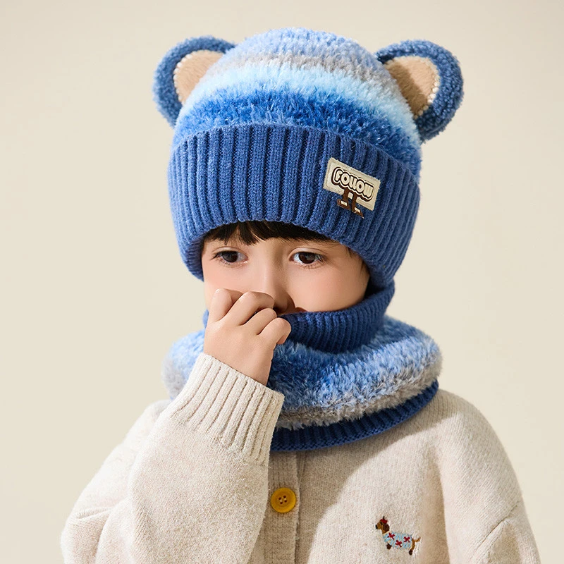 儿童帽子围脖套装男童可爱卡通熊耳朵保暖针织护颈宝宝包头加绒帽