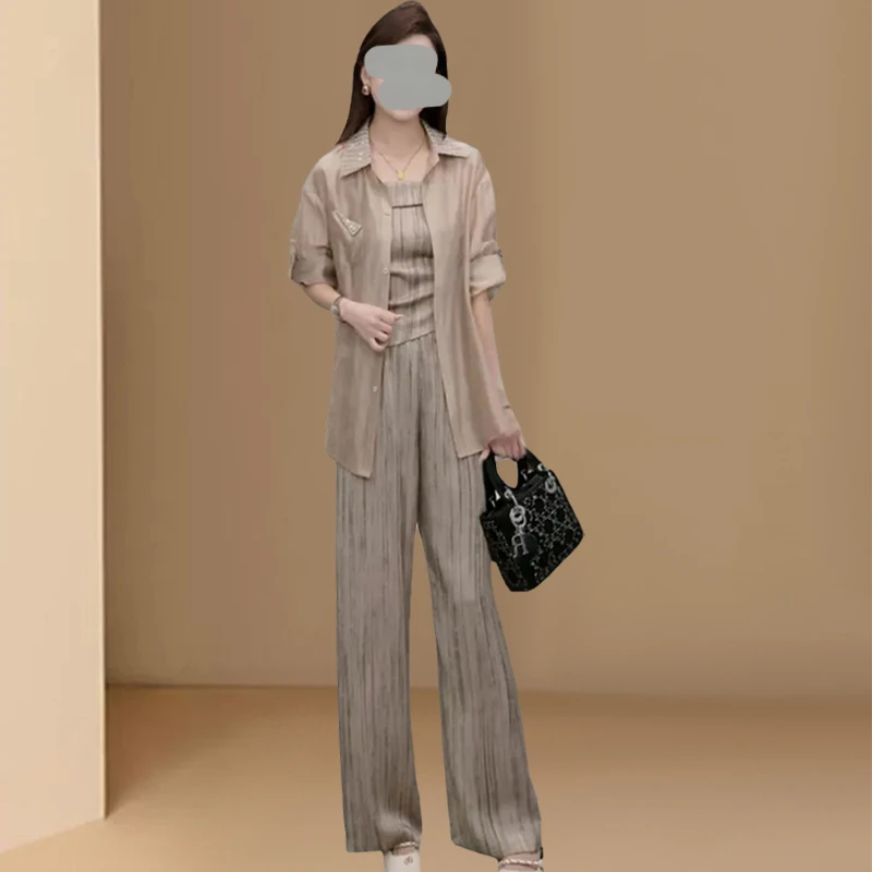 2025夏季新款气质显瘦休闲百搭气质薄款防晒衣吊带阔腿裤三件套