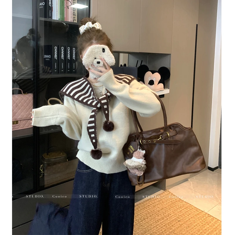 韩系披肩毛衣短外套女秋冬新款设计感慵懒套头针织衫长袖上衣百搭