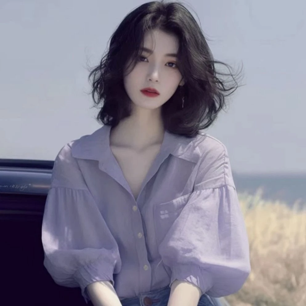 夏季韩系chic别致独特设计感紫色灯笼袖衬衫温柔气质绝美V领上衣