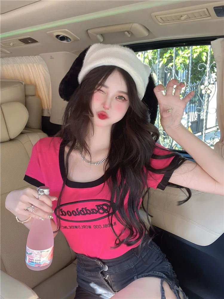 纯欲性感显瘦正肩T恤女小众别致短袖甜辣风ins上衣