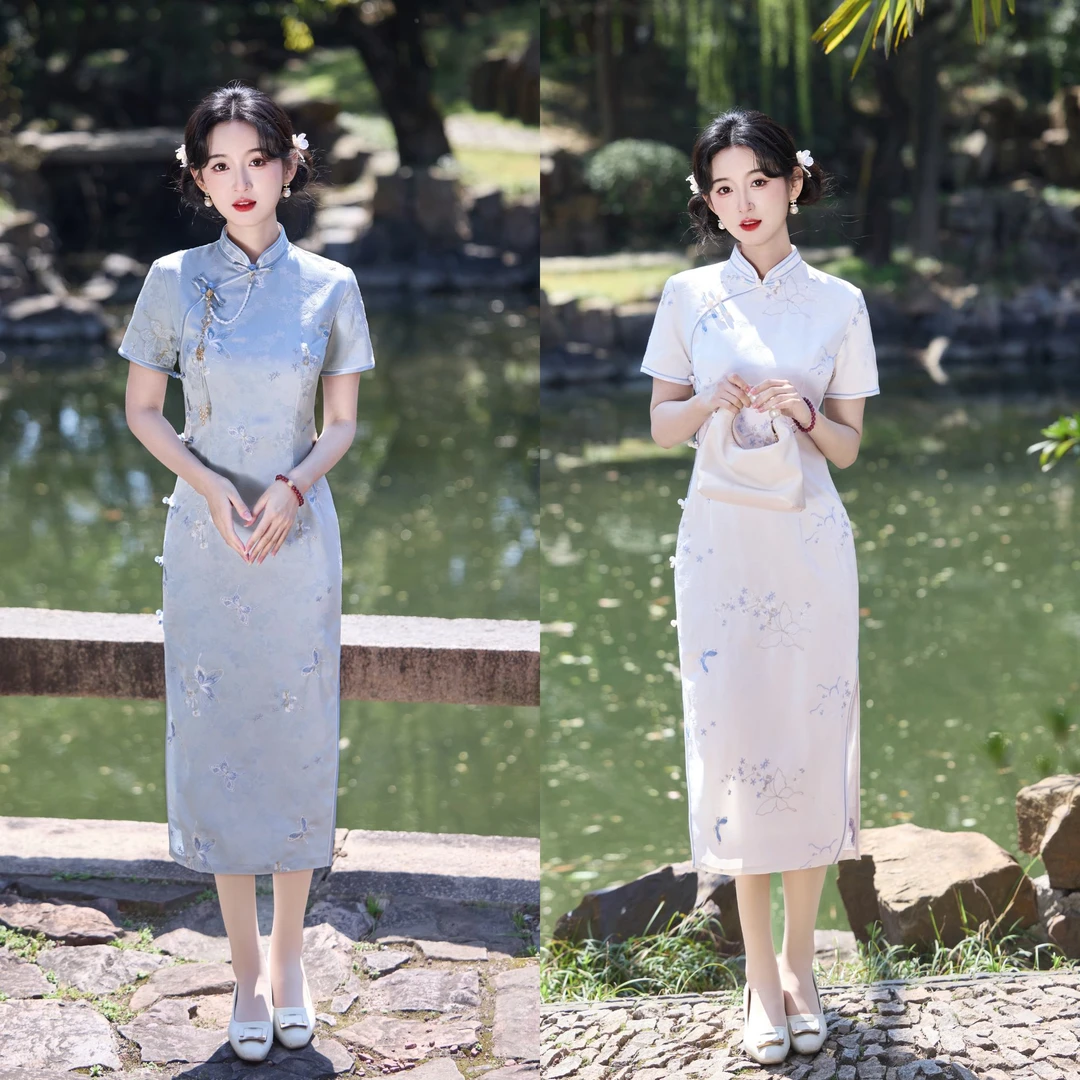 【青未了】2025夏季新款提花刺绣中国风改良双层双色旗袍 衣长120