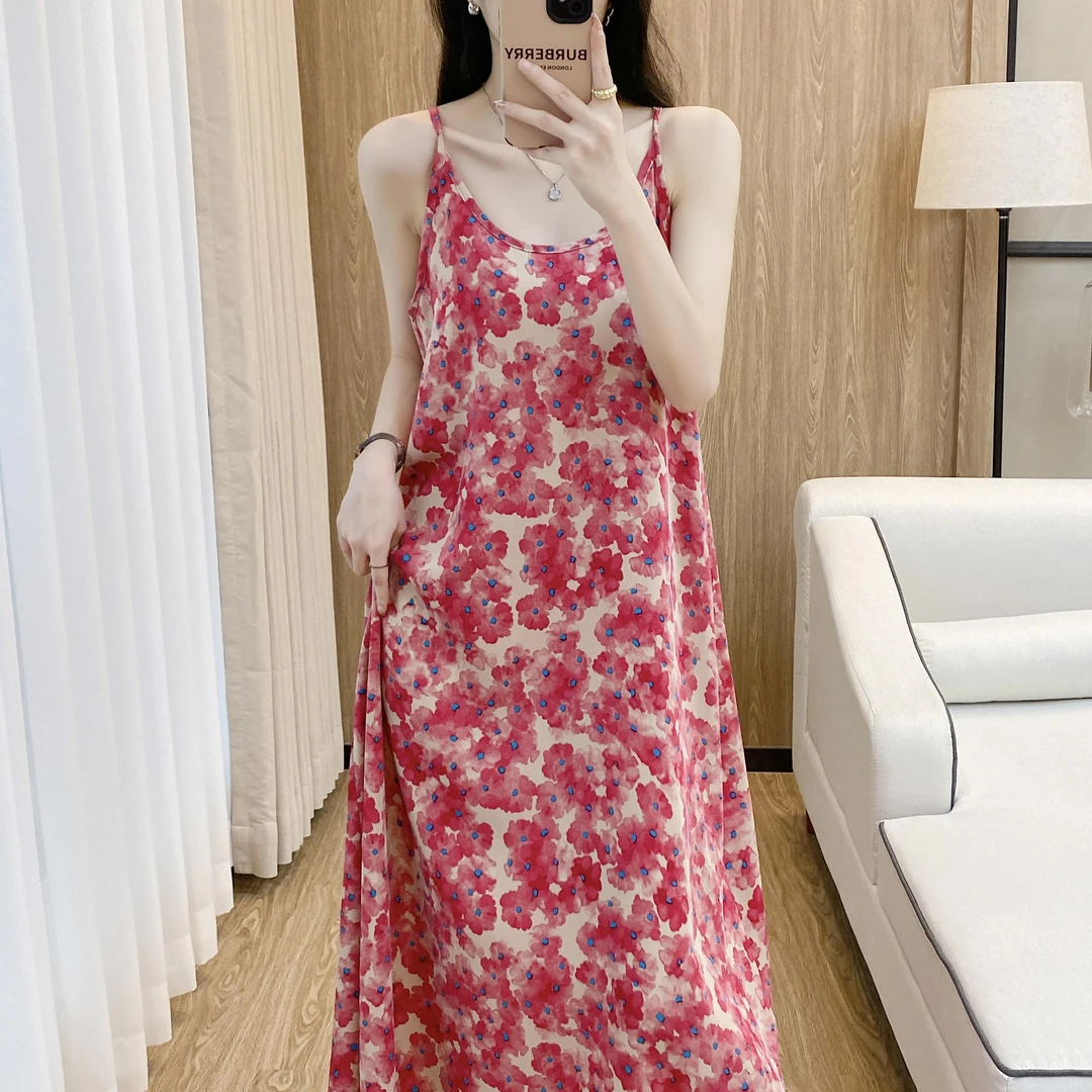 红色妖姬 栀子花时尚大码宽松连衣裙印花吊带裙