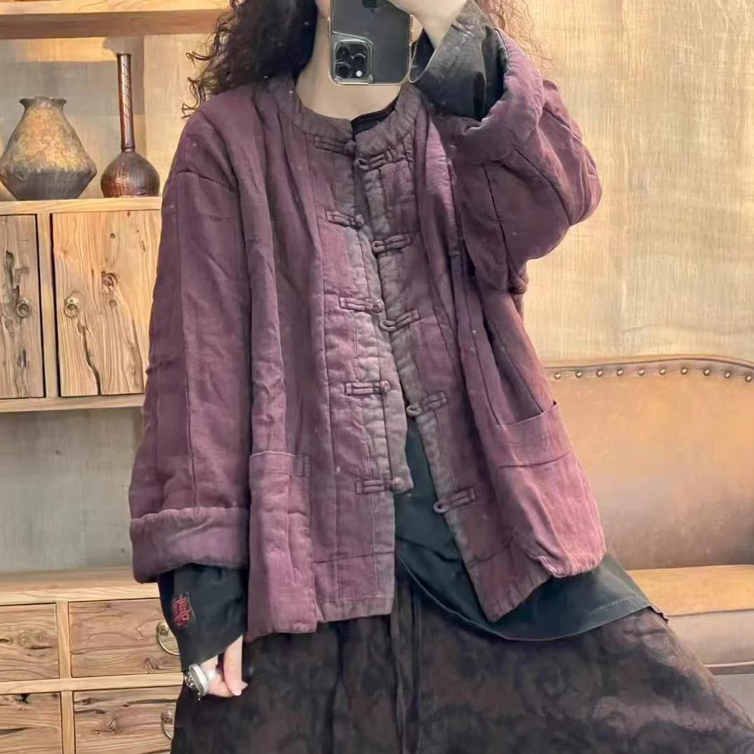 冬季亚麻做旧复古盘扣夹薄棉休闲外套(长64胸围128)