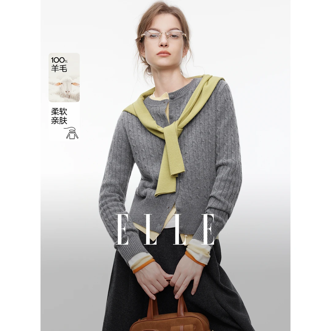 ELLE女装灰色格雷系圆领绞花针织2025秋季新款绵羊毛毛衣EM53434