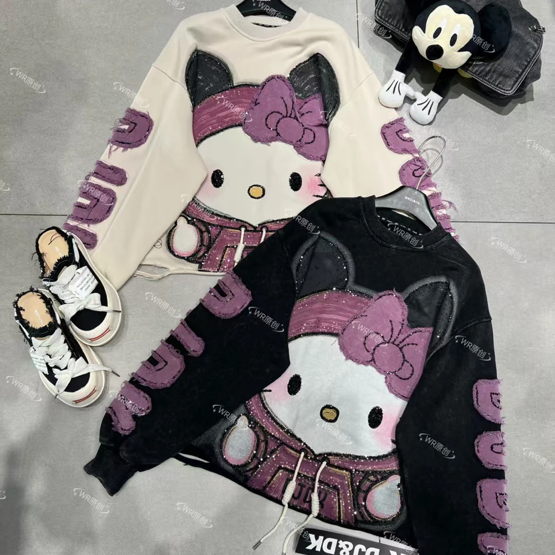 【657】秋冬凯特猫圆领百搭韩版宽松型圆领拼接潮牌时尚重工卫衣