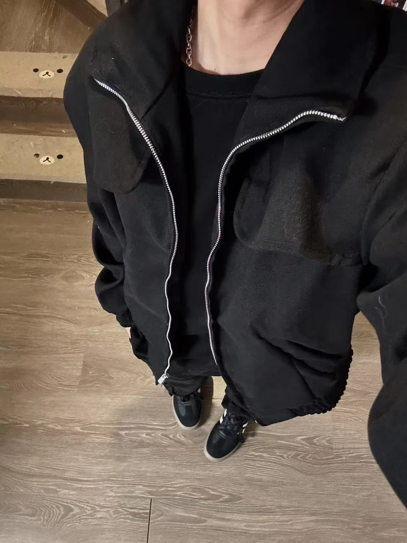 （懒猪）cleanfit黑色短款毛呢外套感立领美式飞行员夹克百搭