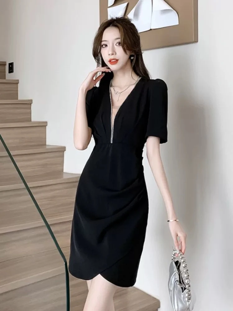 夏季黑色气质v领网纱连衣裙修身显瘦不规则包臀连衣裙A158