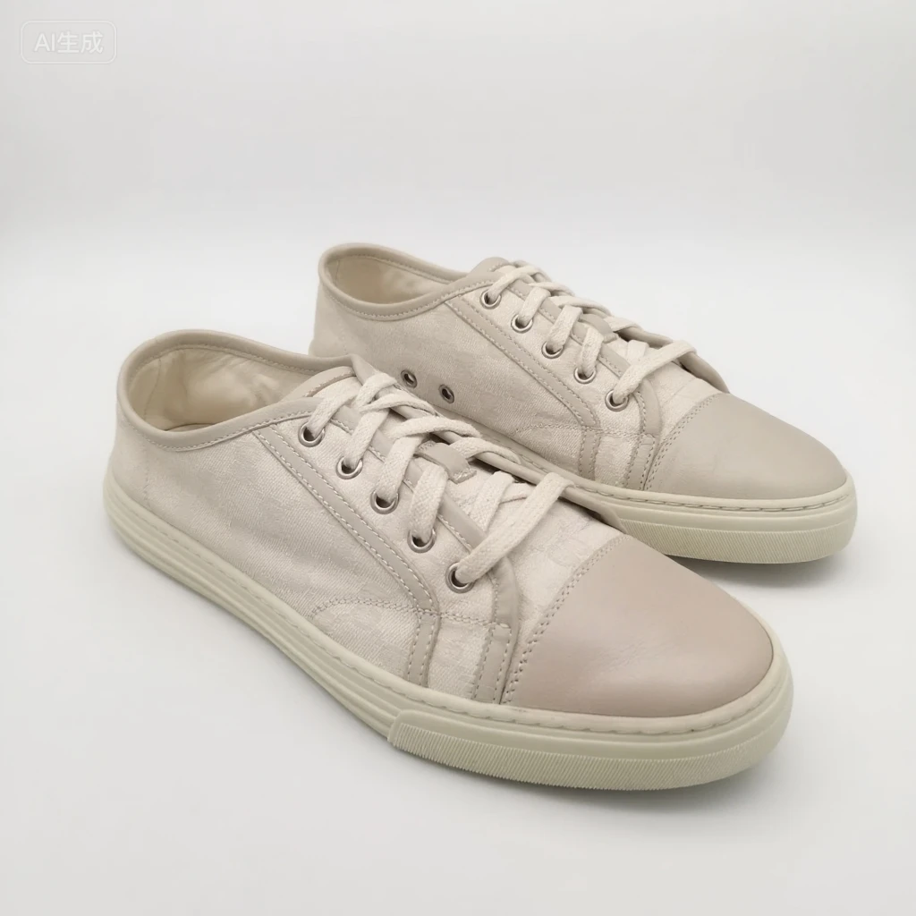 95新 GUCCI/古驰 米白色刺绣老花帆布透气舒适板鞋7欧GS1013