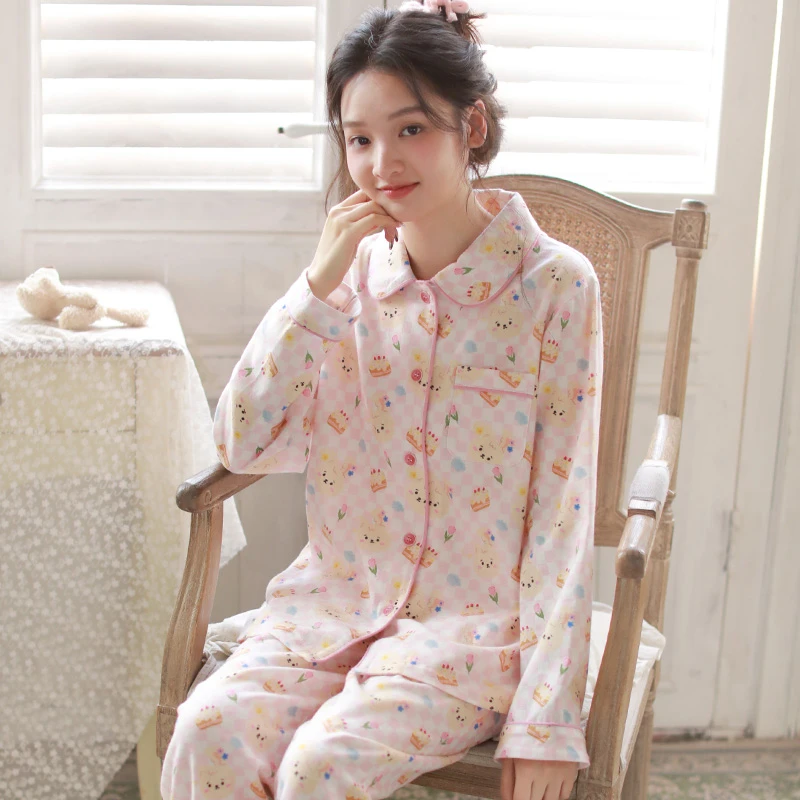 甜美少女纯棉女款春秋睡衣2025新款100全棉磨毛可爱长袖家居服
