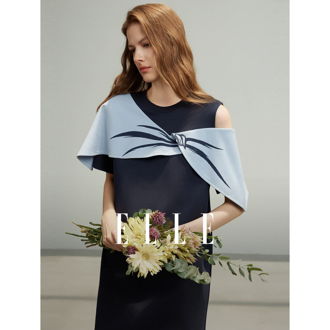 ELLE法式不对称披肩连衣裙女2025夏新款设计感气质EL51578