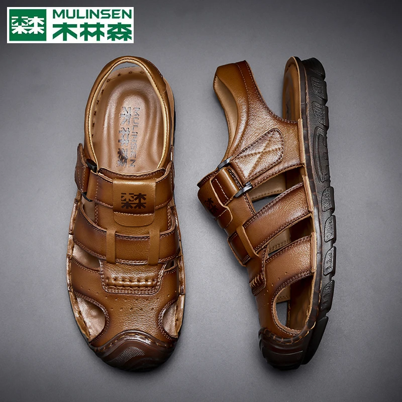 木林森头层牛皮防踢包头夏季休闲洞洞鞋凉鞋镂空男士外穿拖鞋潮流