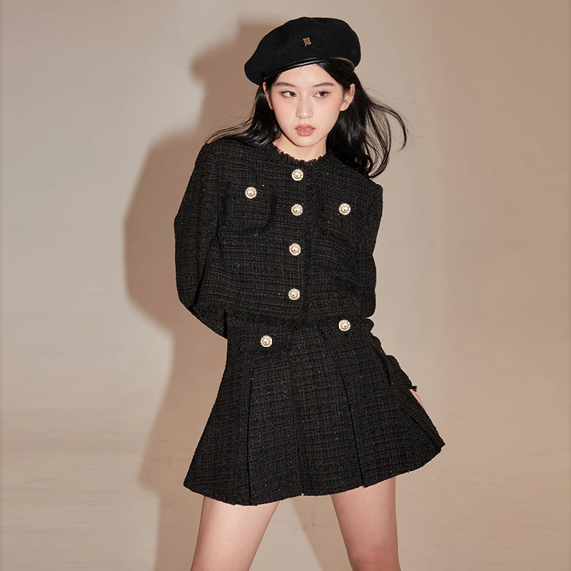 【两件套】春季流苏粗纹小香风两件套上衣裙子女套装D0123