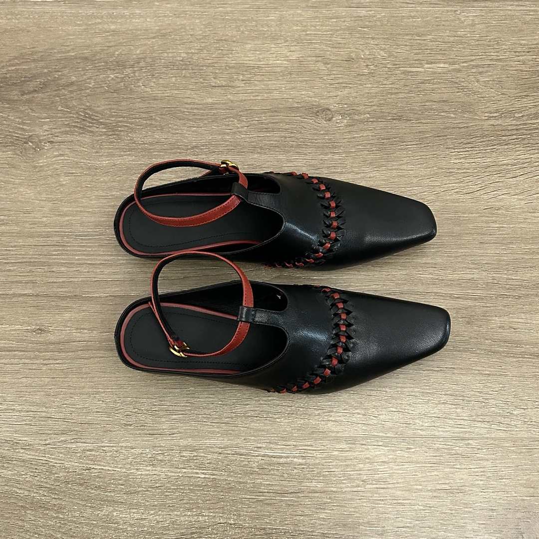 Dannyfrey法式复古方头真皮编织镂空T字带小众粗跟通勤包头拖凉鞋