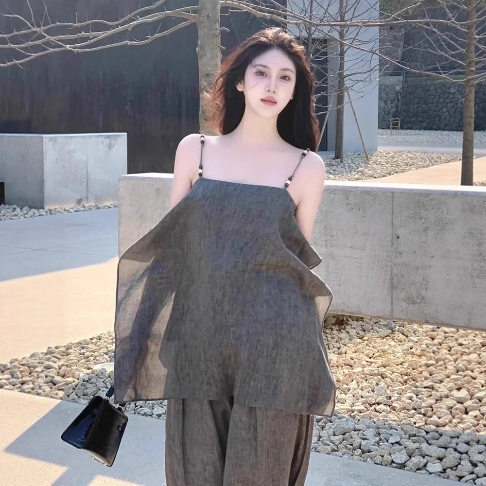 松弛感亚麻串珠吊带套装女2025夏季新款复古休闲上衣阔腿裤两件套