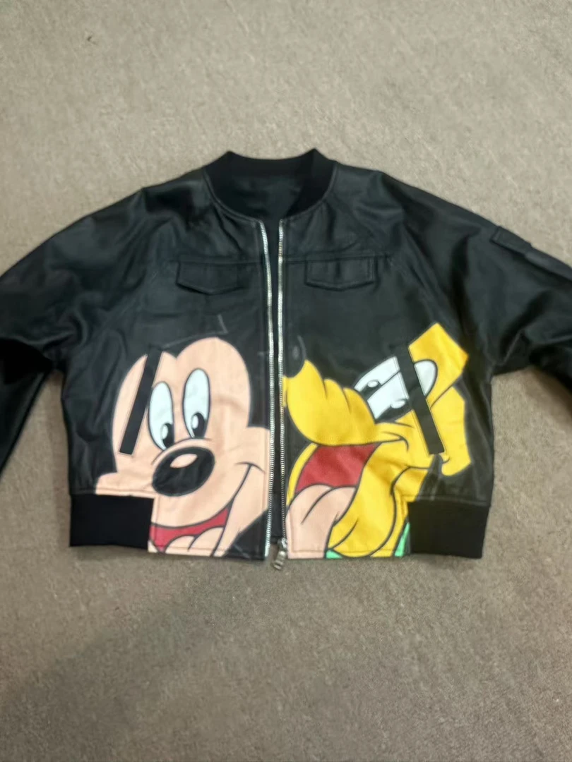 欧货新款2025春季真皮皮衣女百搭显瘦涂鸦绵羊皮宽松短款棒球服