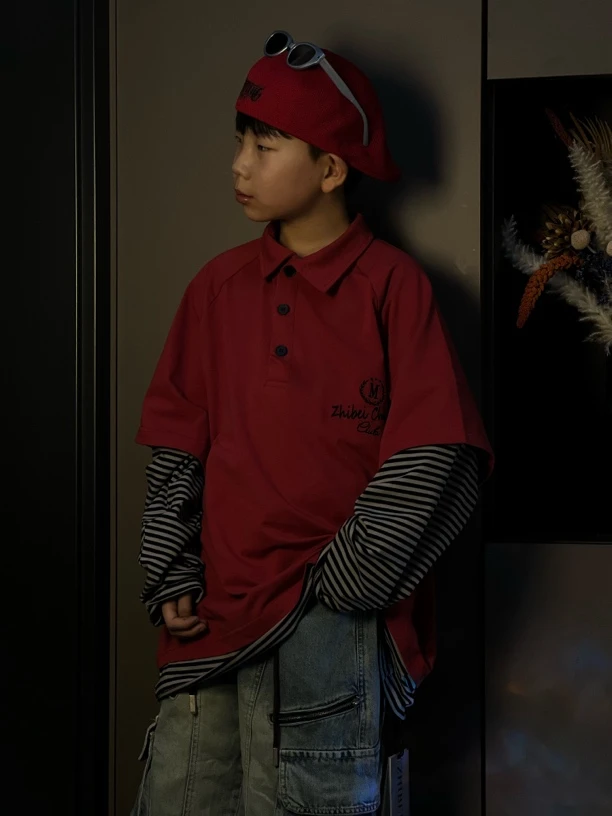 红色假两件翻领T恤男童