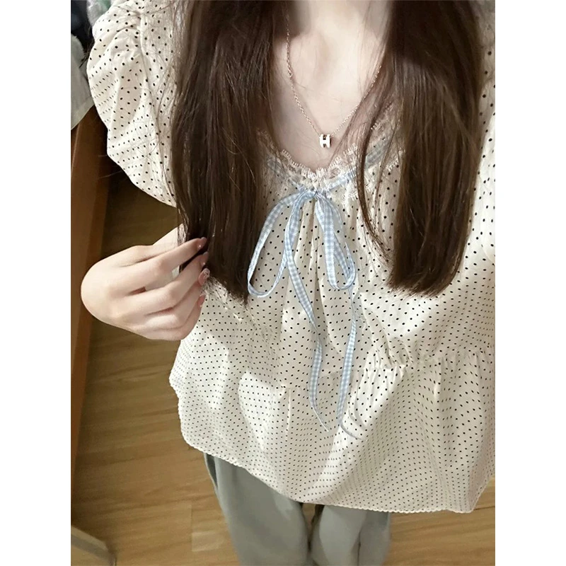 韩系穿搭蕾丝蝴蝶结波点泡泡袖短袖衬衫女夏季宽松显瘦小个子上衣