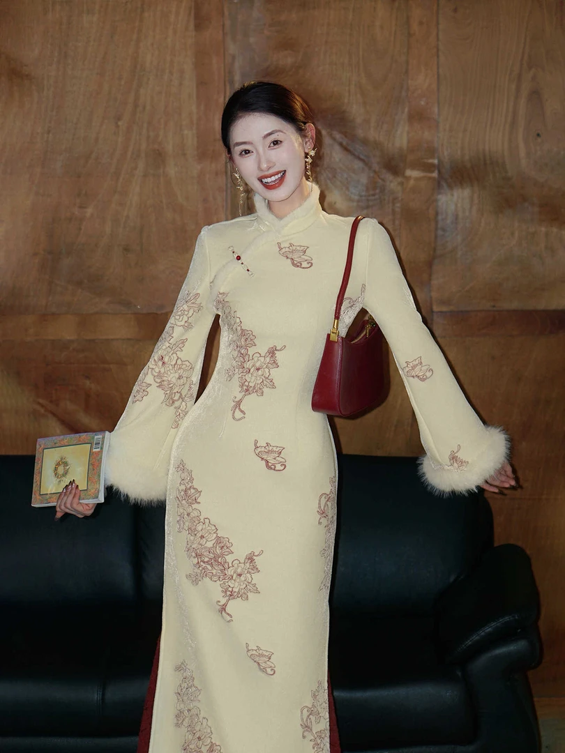 【月满】新中式改良旗袍女冬丝绒长袖敬酒连衣裙新年战袍