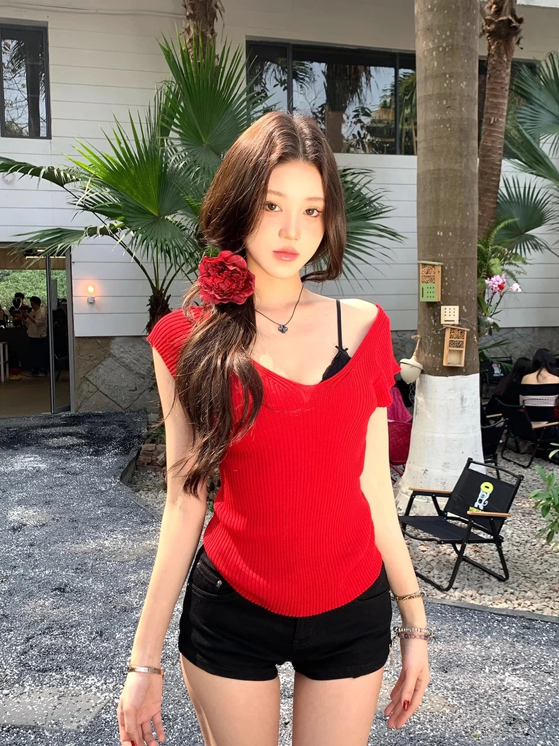 不冷BULENG【轻氧柔光】胸大腰细小飞袖冰丝短袖女坑条针织T恤上衣