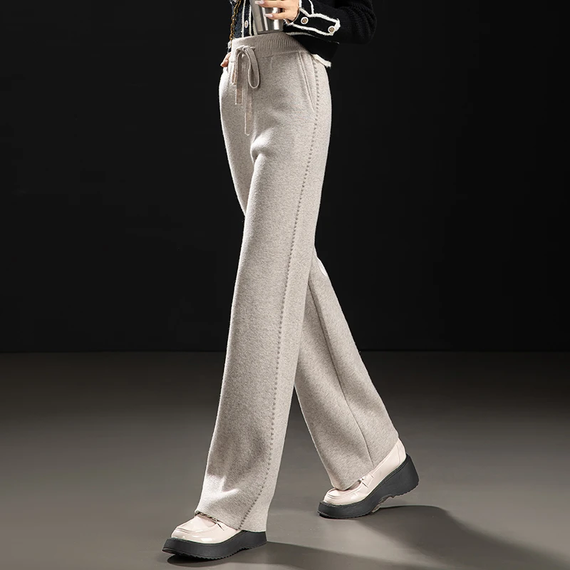 品牌撤柜正品新款羊毛裤女加厚高腰休闲直筒气质百搭针织阔腿裤