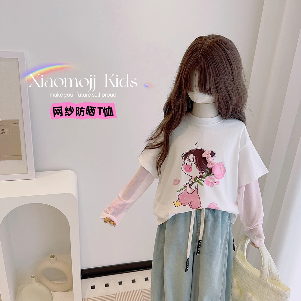 2025夏季新品女童韩版网纱袖拼接卡通印花T恤假两件5935
