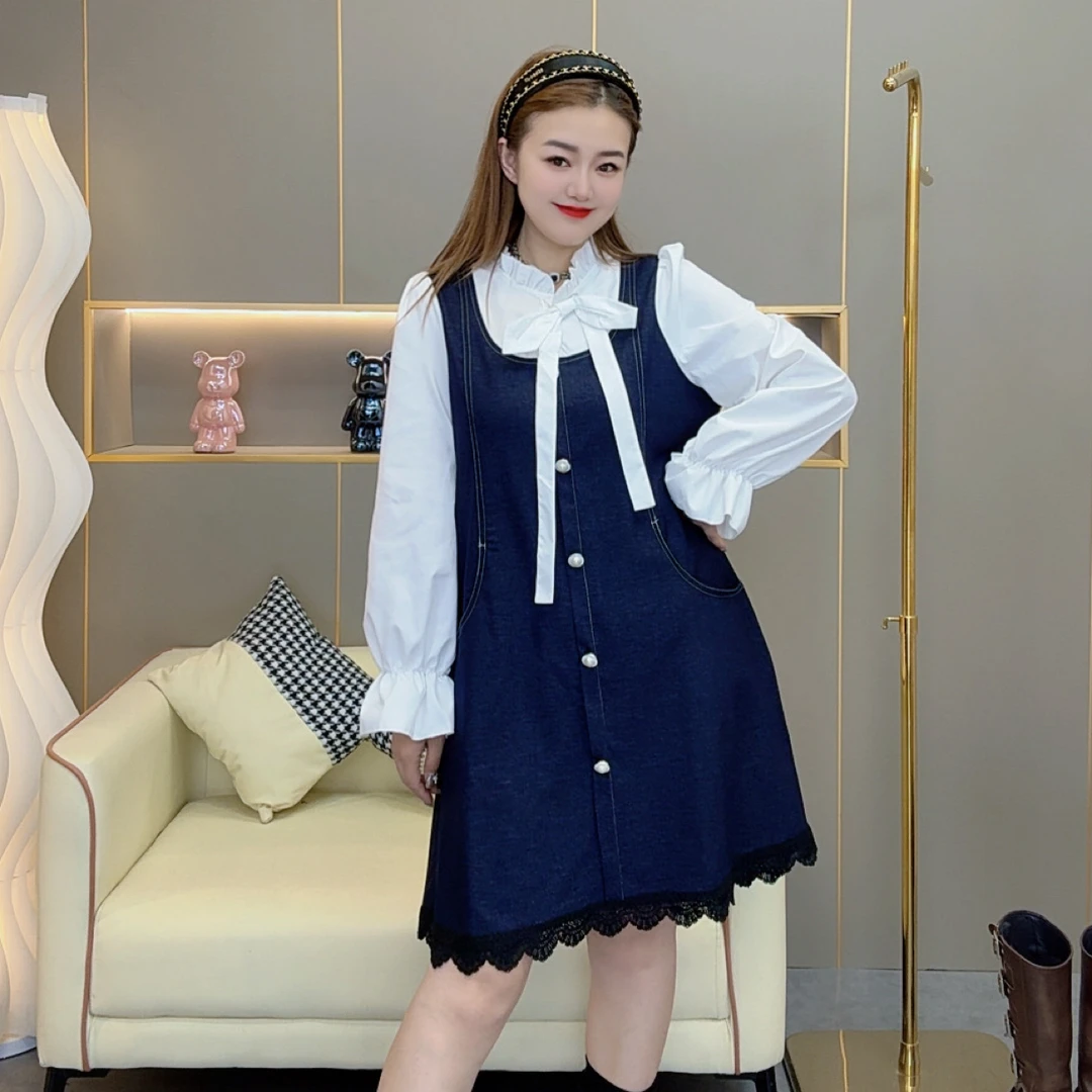 2025秋季新款胖妹妹拼接秋季高品质假两件长袖连衣裙女1098