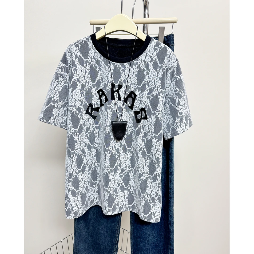 2025款重工韩版复古刺绣蕾丝拼接短袖T恤女夏季新款小个子气质