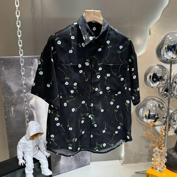 高端日系夏威夷沙滩度假莱赛尔亚麻混纺痞帅碎花短袖衬衫男半袖