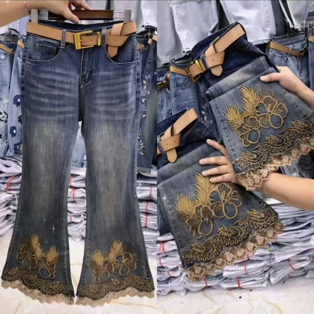 8810新款九分时尚刺绣百搭蕾丝微喇牛仔裤（无腰带）