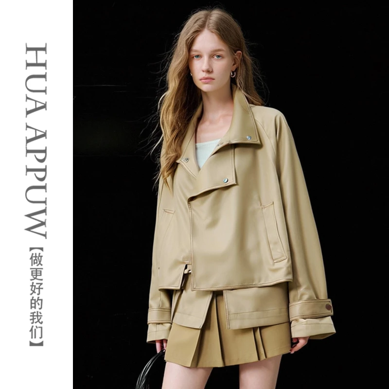 画朴卡其色廓形短款系带风衣2025冬季高级感百搭通勤气质外套