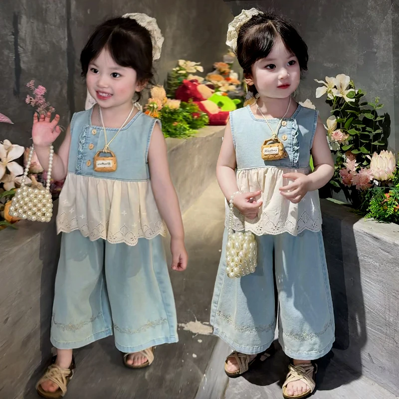 女童套装夏装2025新款儿童时髦洋气女宝宝韩版牛仔二件套阔腿裤