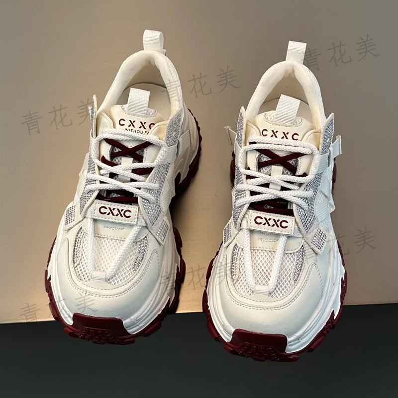 红色网红老爹鞋女2025新款鞋子厚底增高网面女鞋轻便运动鞋秋冬