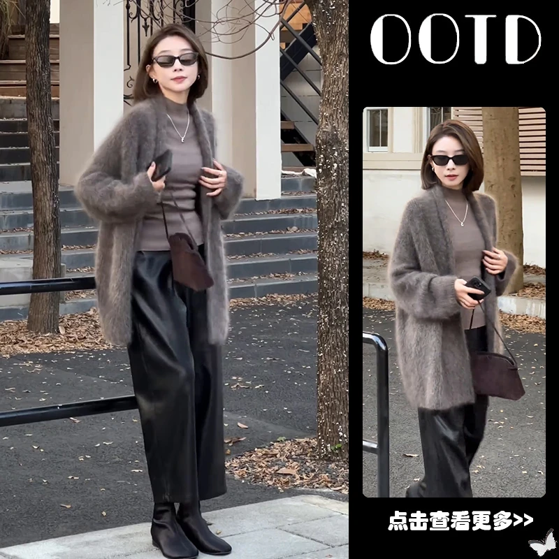 秋季流行穿搭一整套女2025新款宽松针织开衫打底百搭阔腿裤三件套