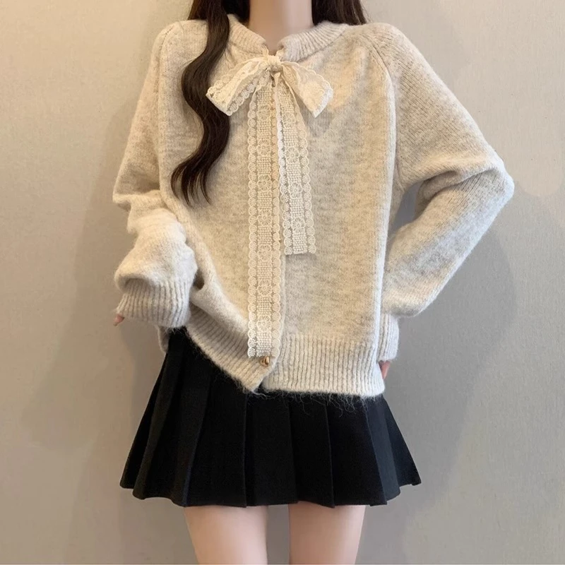 法式蕾丝蝴蝶结毛衣外套女2025春新款大码胖mm插肩袖正肩针织开衫