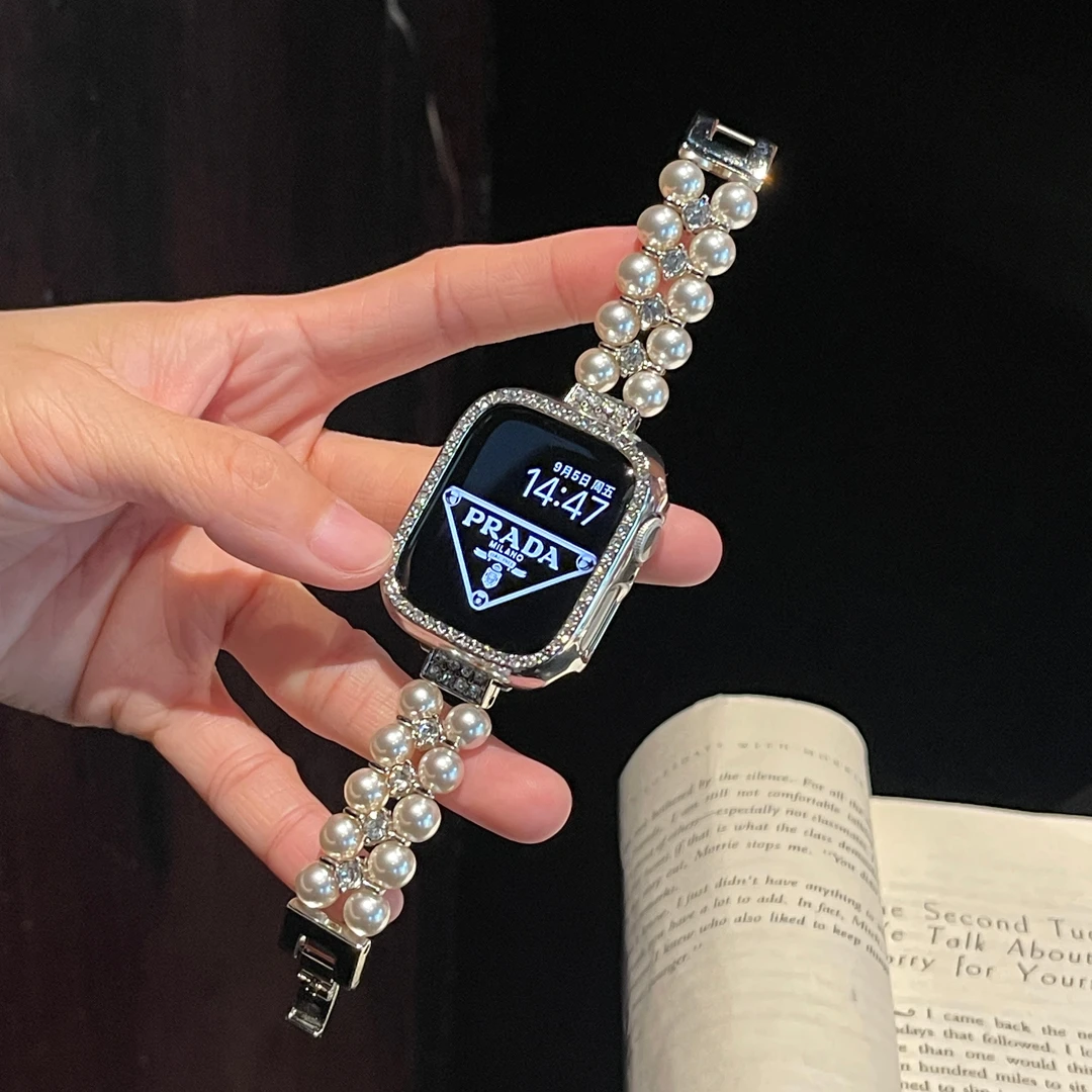 表带哥适用于iwatchs11双排珍珠s10小香风镶钻链式s9/8高级腕带女