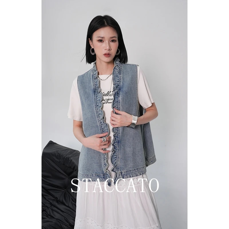 STACCATO2025春季气质时尚百搭V领拼接荷叶边浪漫减龄牛仔马甲