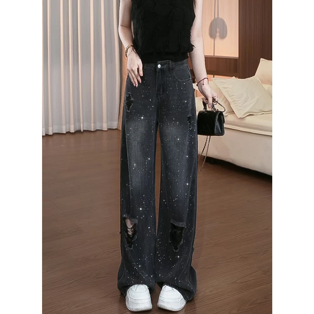 111天丝破洞烫钻牛仔裤女2025秋季新款小众显瘦直筒百搭阔腿长裤