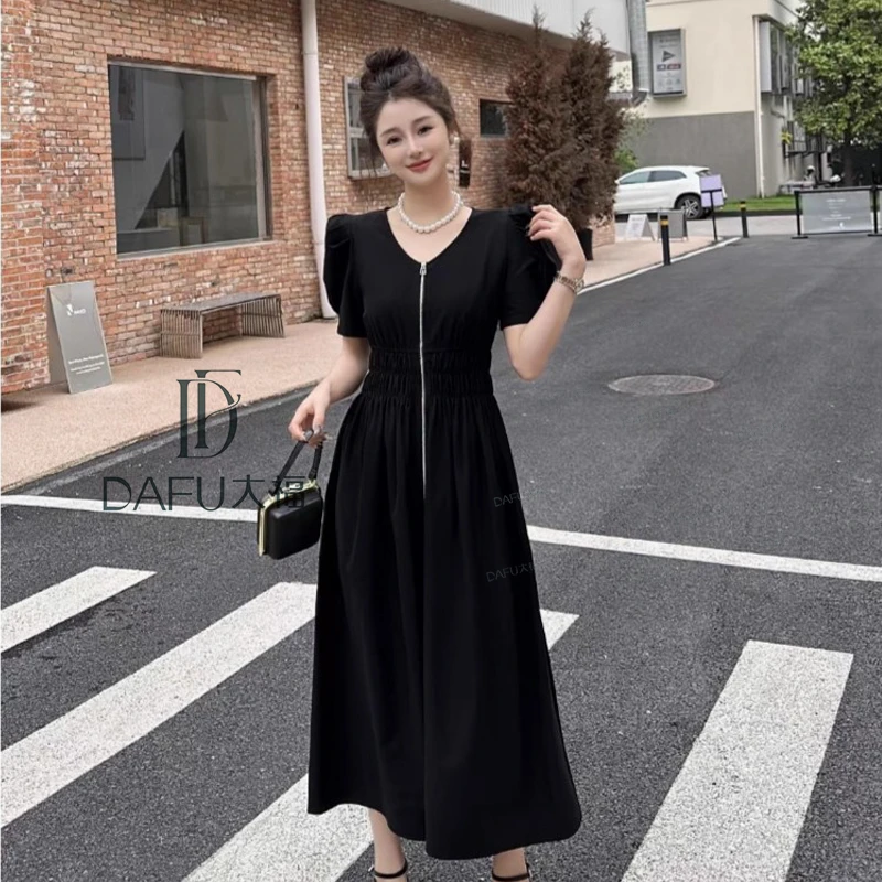大福专属6689高级感拉链连衣裙女新款法式赫本风显瘦气质V领