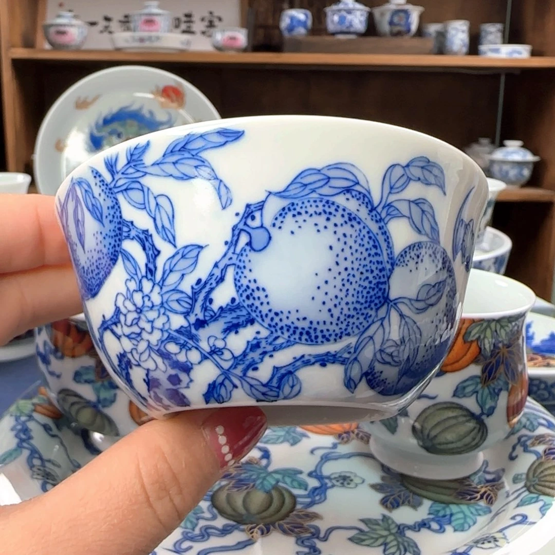 陶景德镇手绘青花五桃杯