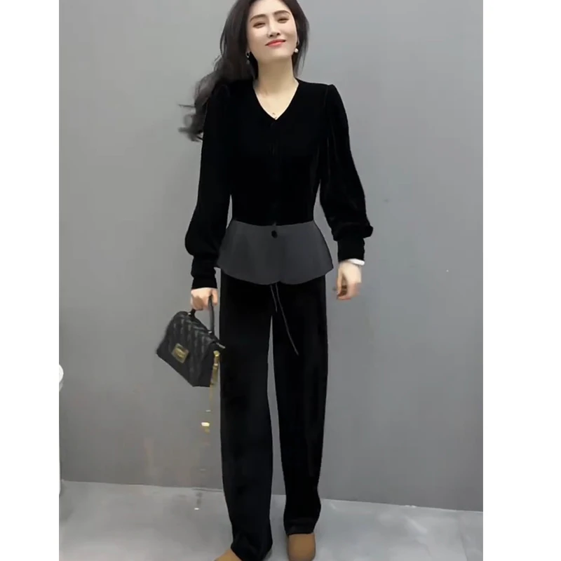网红时尚炸街新款女装丝绒拼接长袖单排扣上衣显瘦直筒裤两件套潮