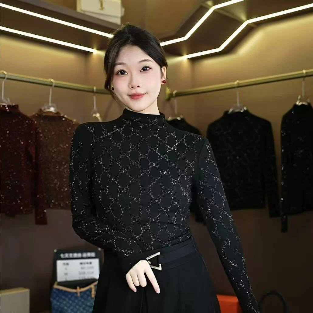 （加薄绒）24时尚新款半高领打底衫女加绒长袖重工烫钻气质黑色上衣