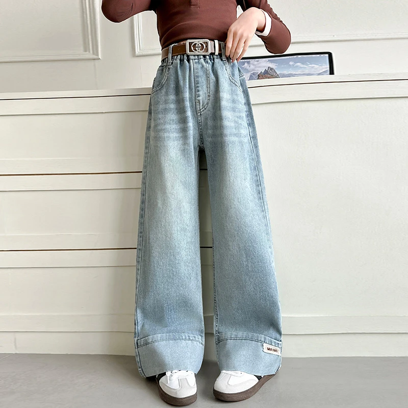 女童牛仔裤2025新款洋气时尚翻边阔腿裤6-12岁中大童学生百搭春款