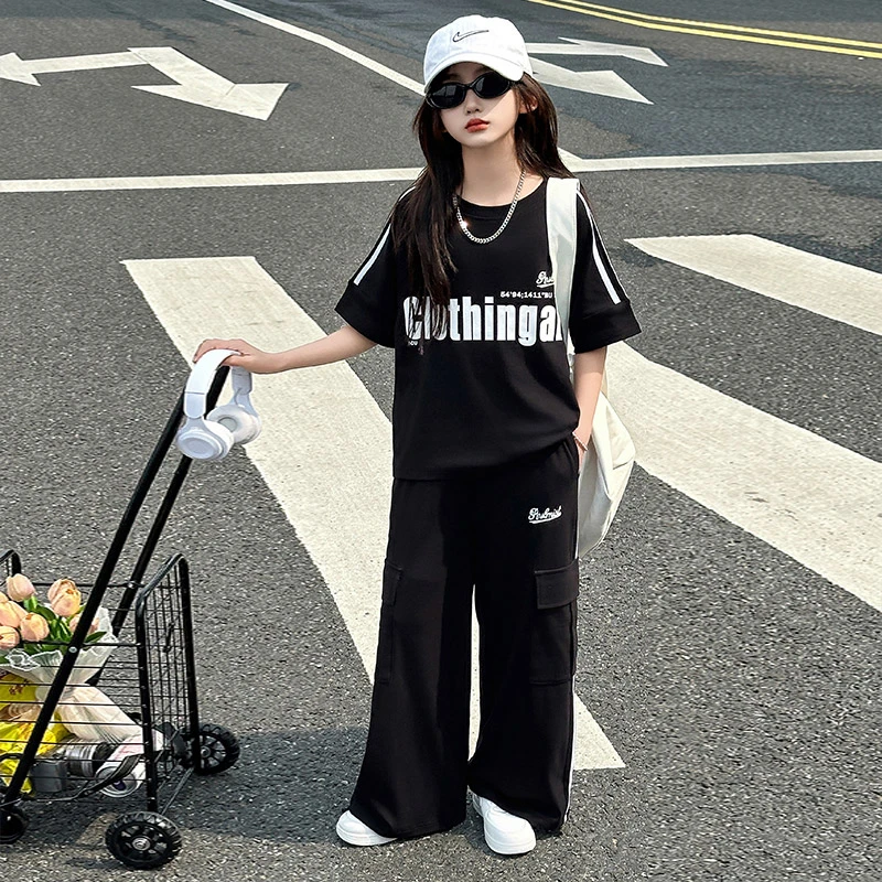 女童夏装套装儿童时髦短袖工装阔腿裤女孩美式炸街休闲运动两件套